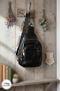 Sling Bag with Boho Woven Strap - Black with Blue Strap