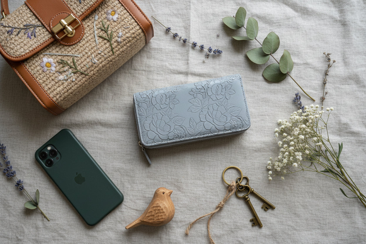 Dusty Blue Floral Embossed Zip-Around Wallet