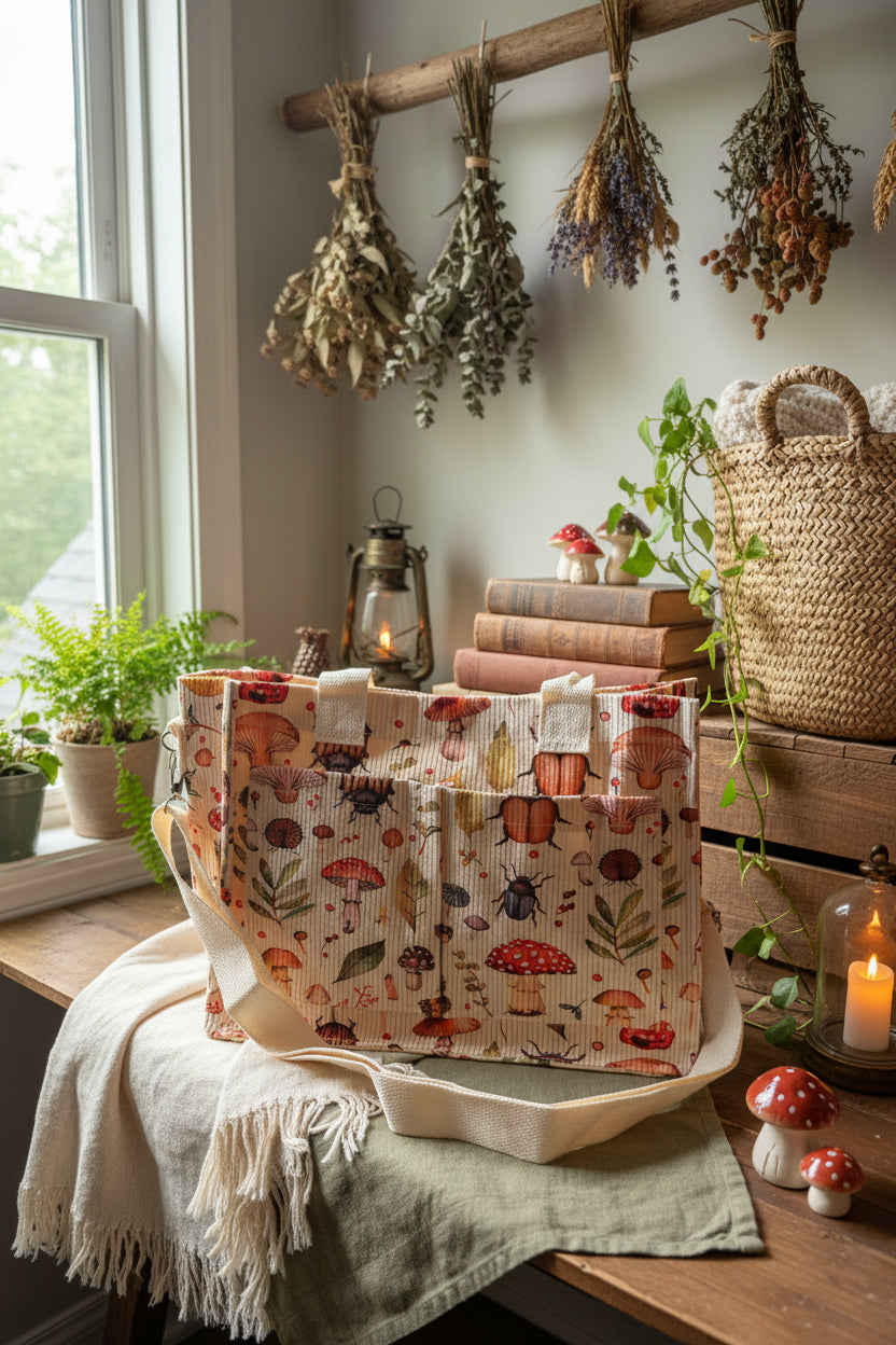 The Woodland Forager Tote — Mushroom & Beetle Print
