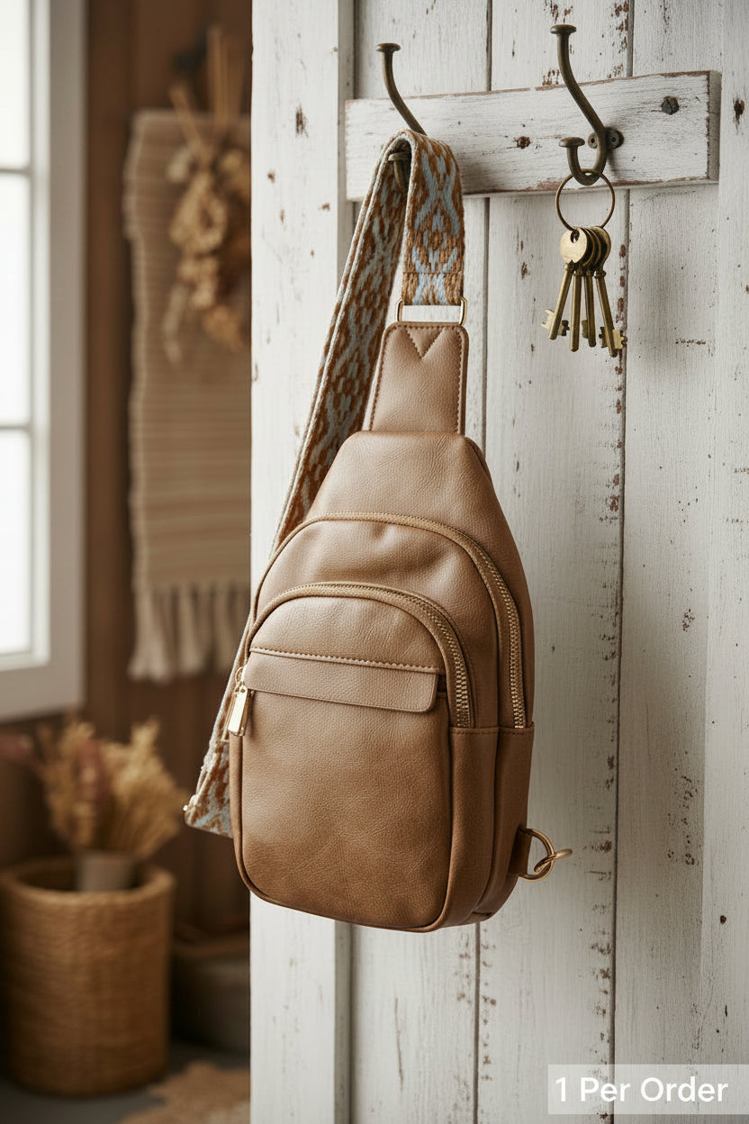 Sling Bag with Boho Woven Strap - Caramel