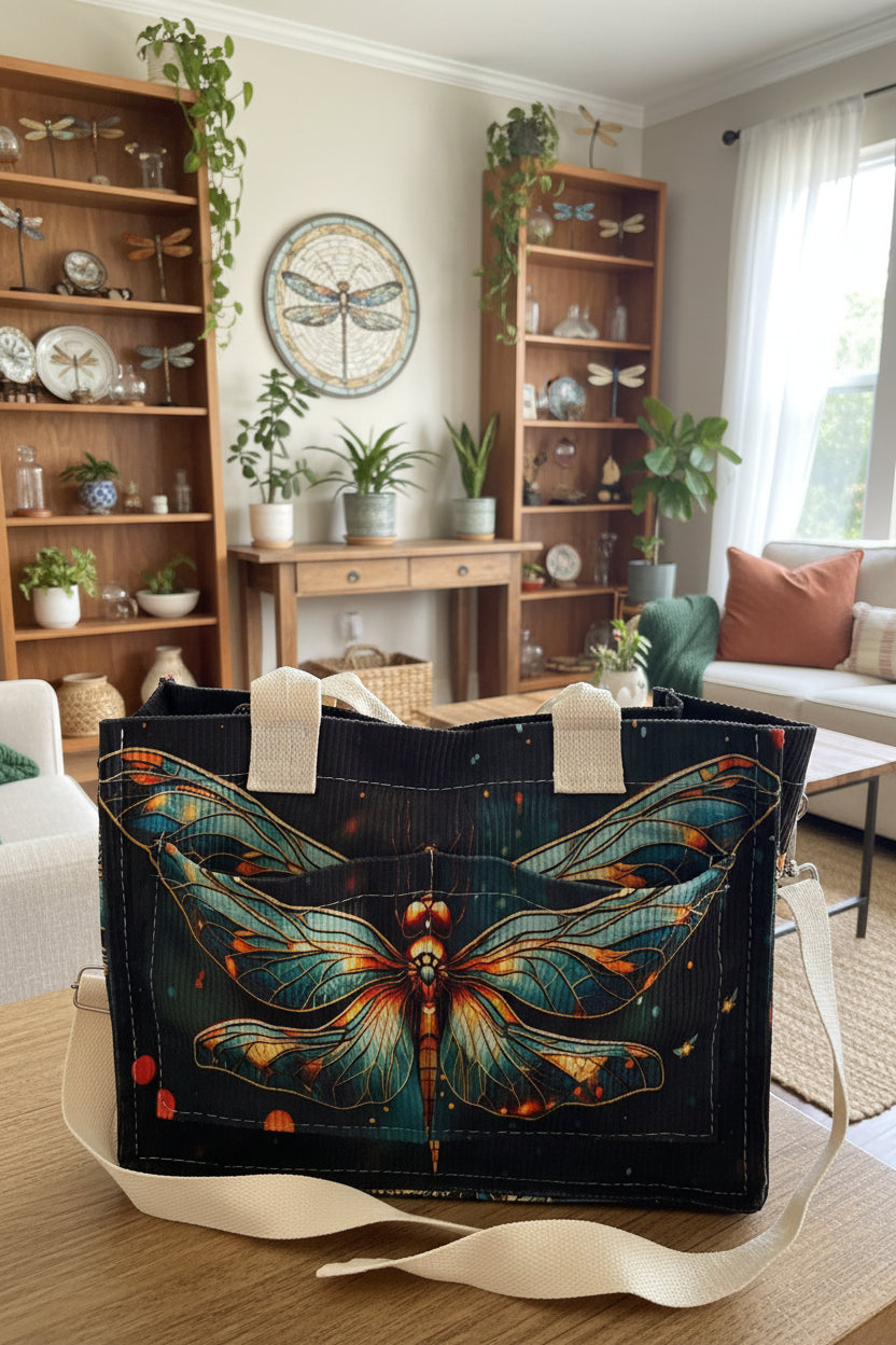 The Stained Glass Dragonfly Tote — Jewel-Tone Art Print