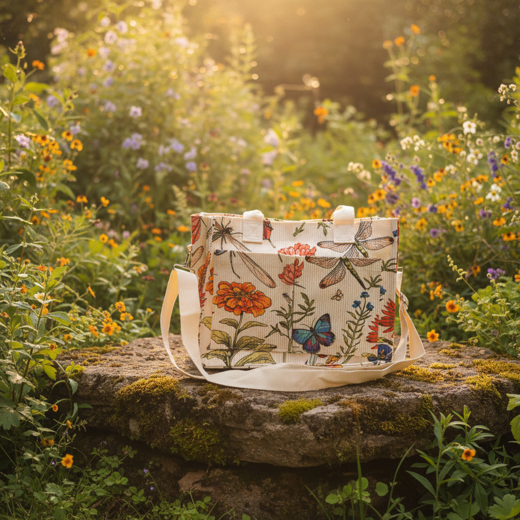 The Cottage Garden Tote — Botanical & Dragonfly Print