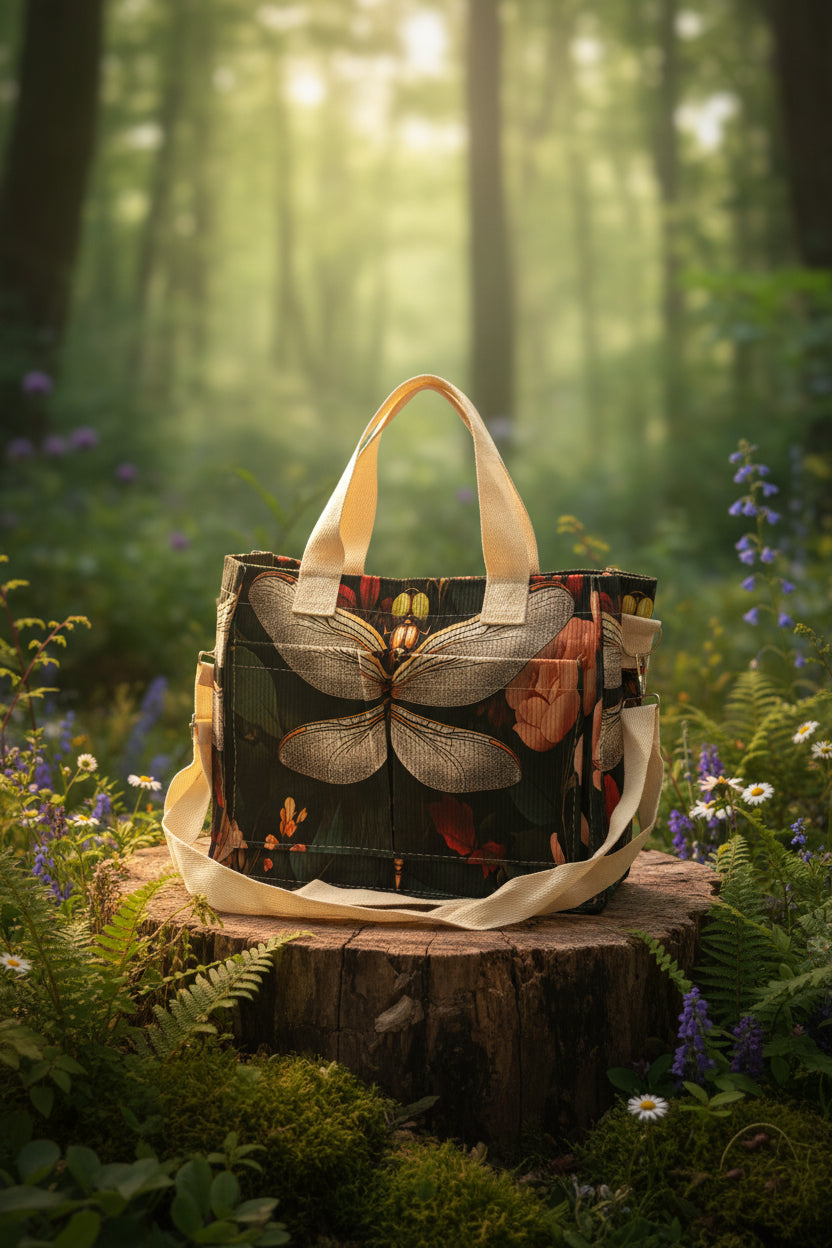 The Dragonfly Dusk Tote — Dark Botanical Print