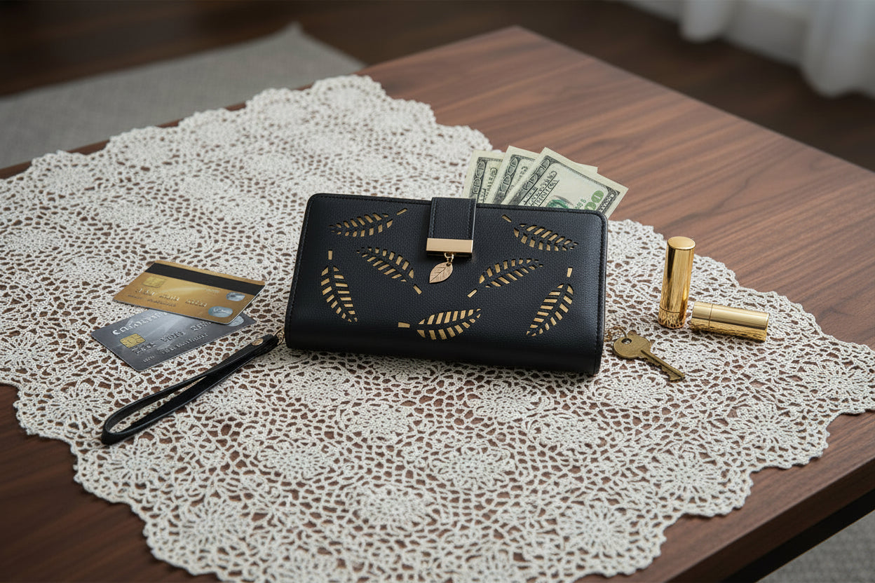 Black Gold Leaf Laser-Cut Clasp Wallet