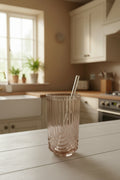Art Deco Ribbed Tumbler with Glass Straw - Light Rose