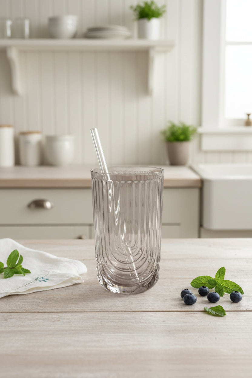 Art Deco Ribbed Tumbler with Glass Straw- Smokey Lavender