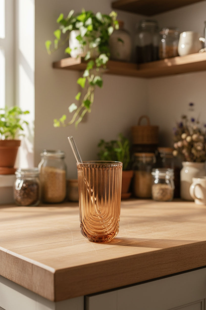Art Deco Ribbed Tumbler with Glass Straw - Amber
