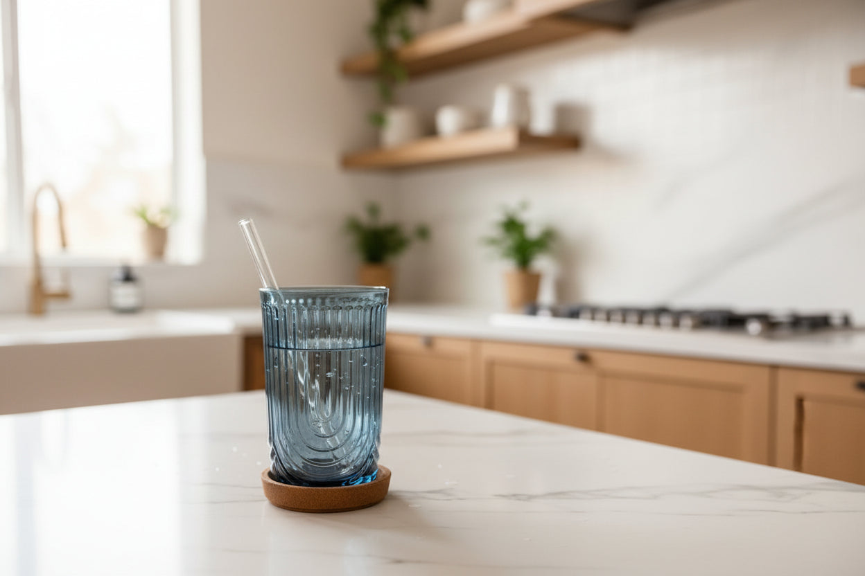 Art Deco Ribbed Tumbler with Glass Straw - Steel Blue