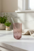 Art Deco Ribbed Tumbler with Glass Straw - Dusy Rose