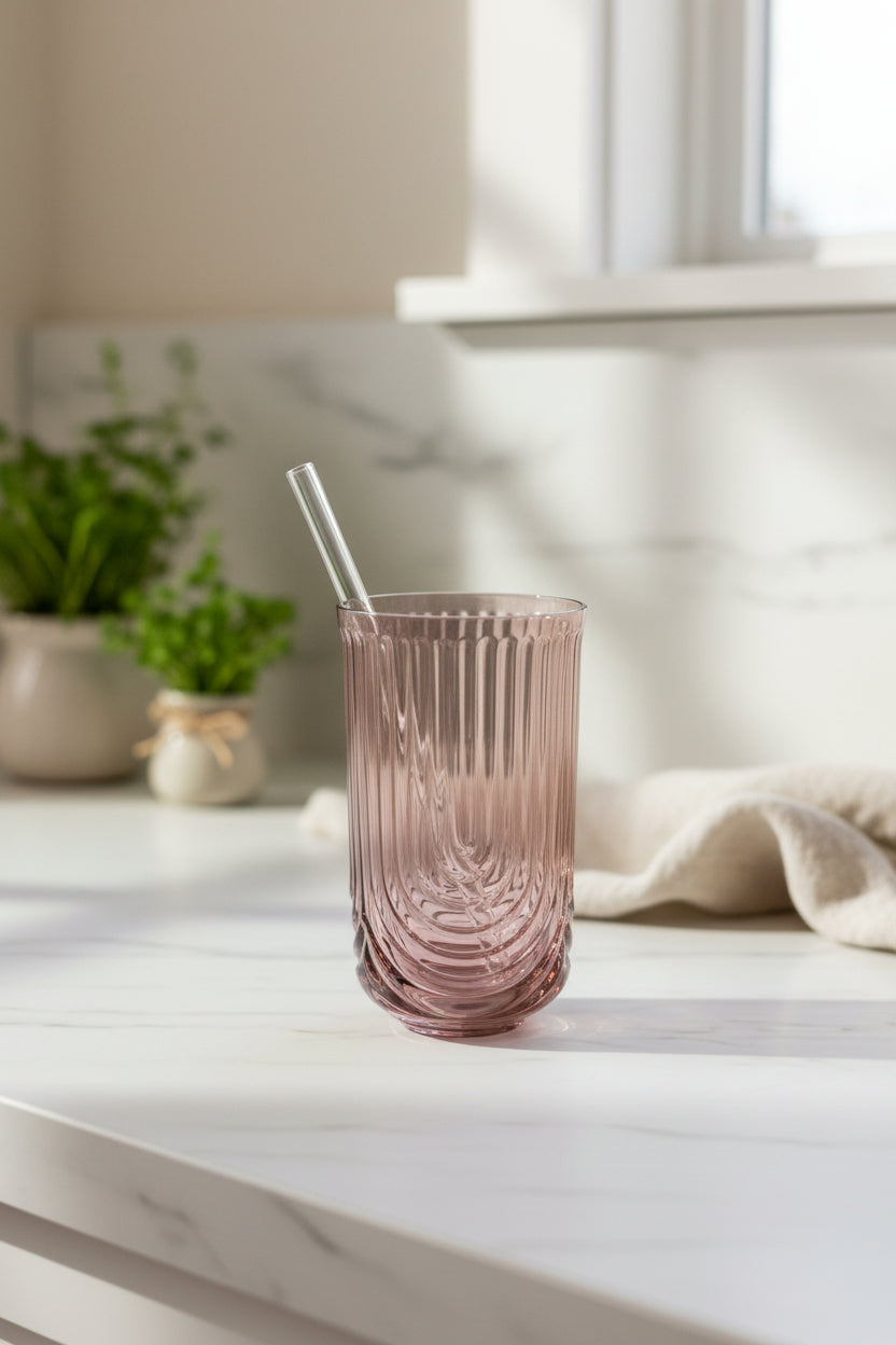 Art Deco Ribbed Tumbler with Glass Straw - Dusy Rose