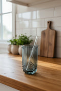 Art Deco Ribbed Tumbler with Glass Straw - Slate Blue Grey
