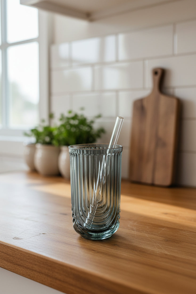 Art Deco Ribbed Tumbler with Glass Straw - Slate Blue Grey