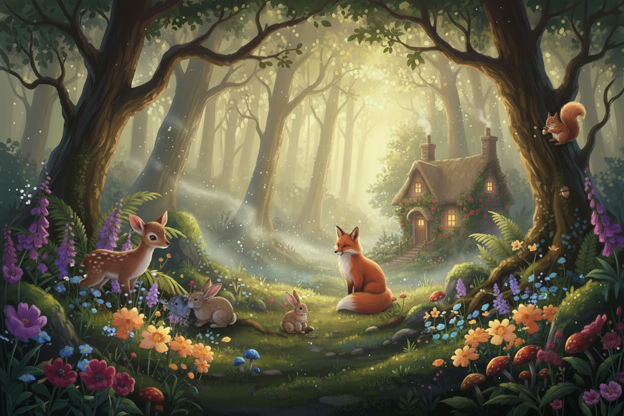 Hero image with flowers and woodland animals